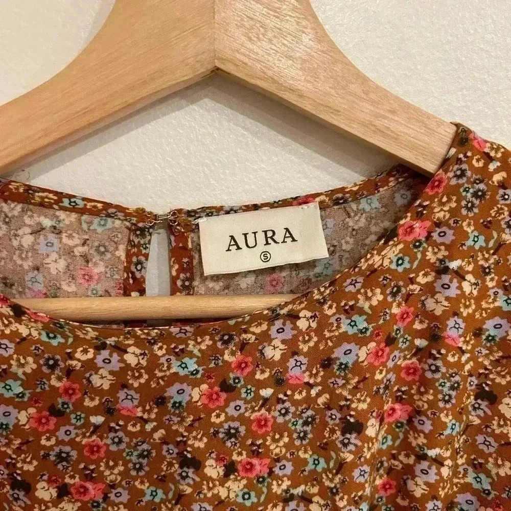 AURA Ballon Sleeve bat wing braided Belt flowy Boho floral fall mini dress S-M - Picture 10 of 15